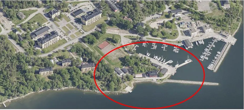 Bilden visar området som ligger i södra delen av Rindö hamn, på del av fastigheten Rindö 3:78.