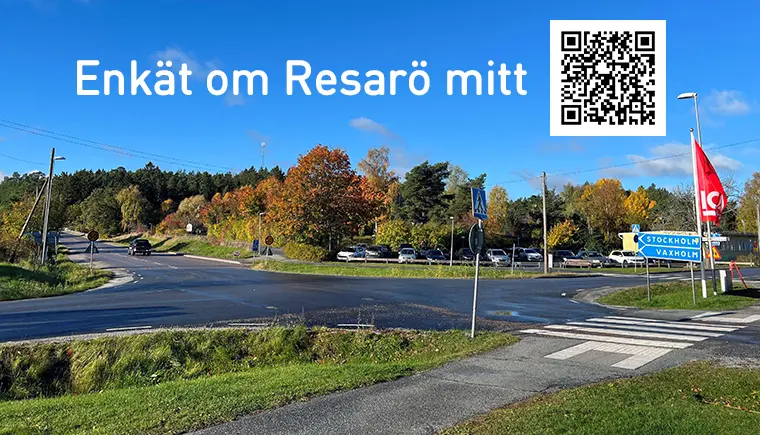 Foto från Resarö med texten "Enkät om Resarö mitt" och en QR-kod i högerkant som leder till enkäten.