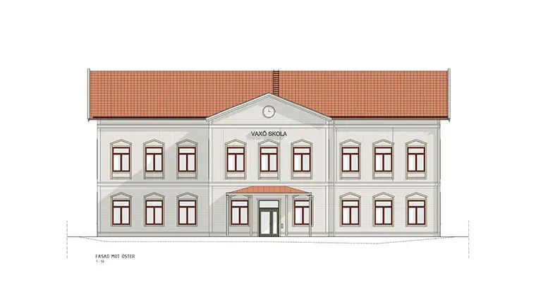 Illustration av fasaden på nya huset som byggs vid Vaxö skola.  