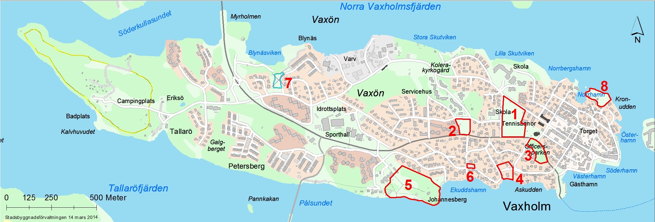 Bilden visar fastighetskarta över parker i Vaxholm 