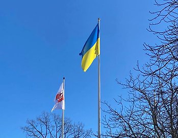 Vaxholms flagga och Ukrainas flagga på varsin flaggstång med bli himmel i bakgrunden.